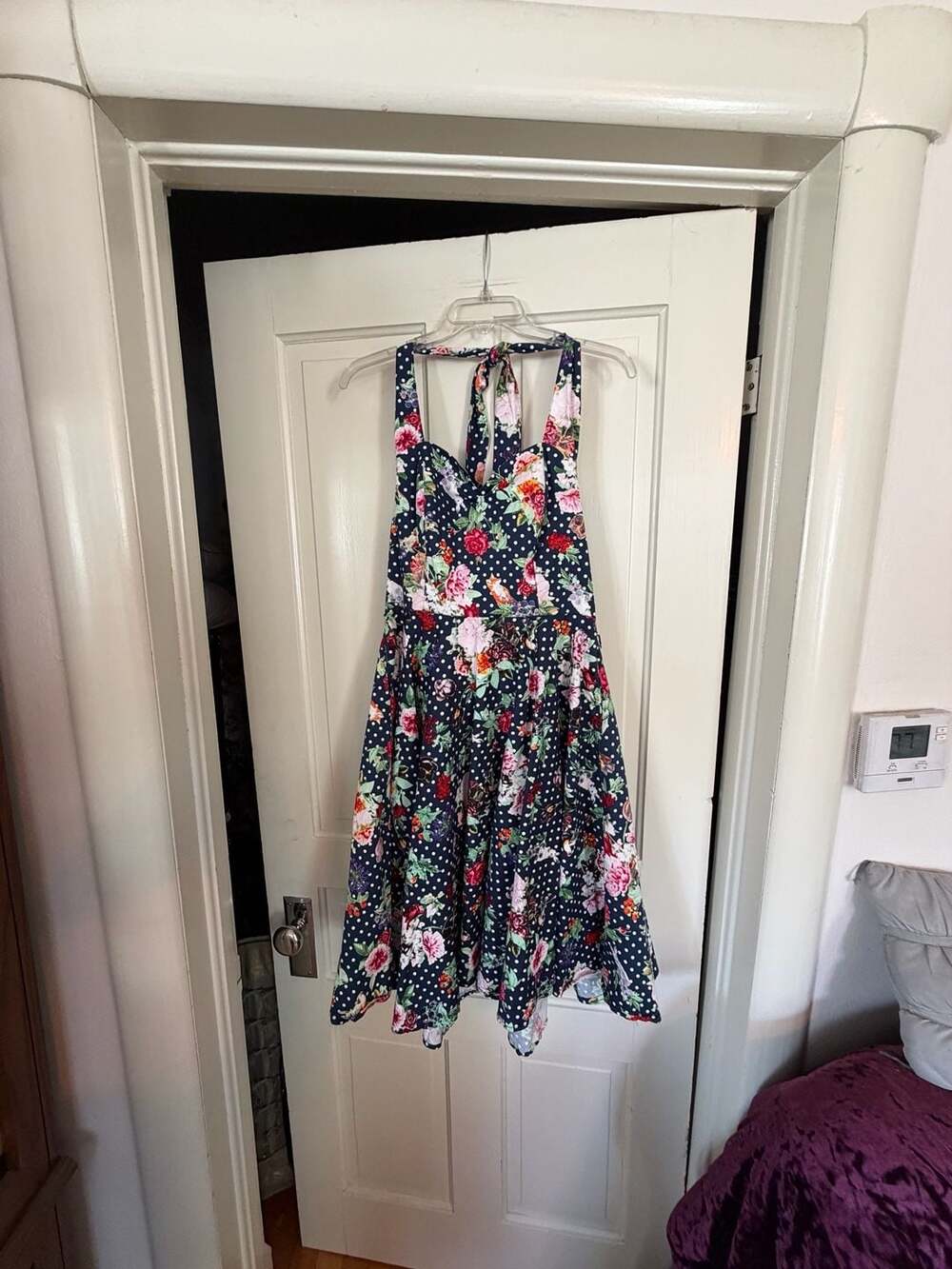 Miss Lulo Navy Blue Floral Polka Dot Vintage Style Halter Swing Dress